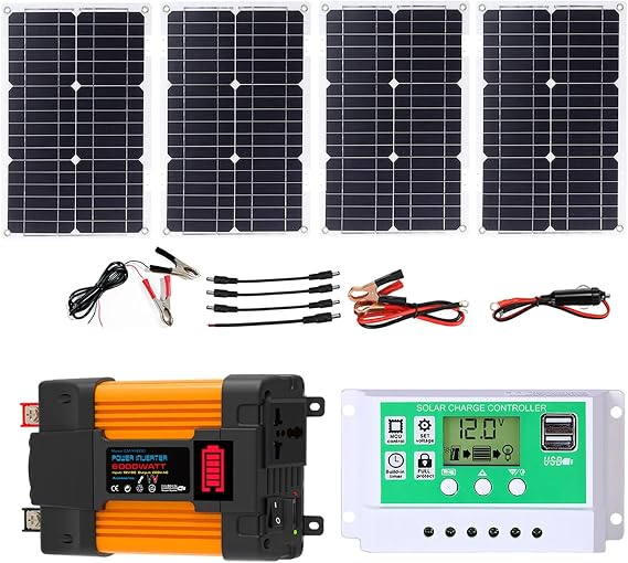 4000W/6000W Solar Inverter Kit with 100W Panels & 50A Charge Controller, Off-Grid Power System for Home Backup, RV, Cabin, Outdoor Energy Use(6000W,12V-220V)