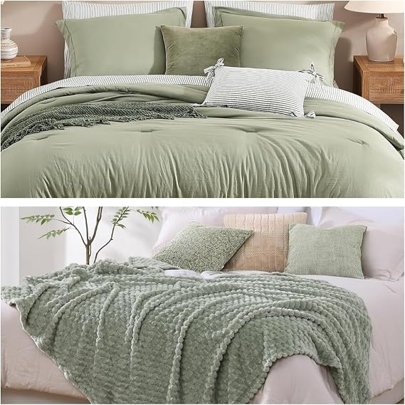 Monbix 7 Piece Prewashed Comforter Sets and Fleece Throw Blanket Bundle