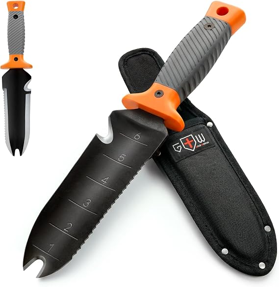 Hori Hori Garden Knife 7" with Sheath Heavy Duty Stainless Steel Multi-Purpose Tool for Weeding, Digging & Planting, Serrated & Straight Full-Tang Blade Weeding Fork, Non-Slip Handle, Pruning Shears