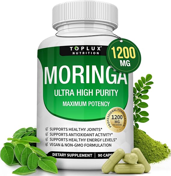 Toplux Moringa Capsules 1200mg Pure Moringa Powder High Potency Leaf Extract Green Superfood Rich in Antioxidant, for Energy & Immune Support, Vegan Non-GMO 90 Capsules
