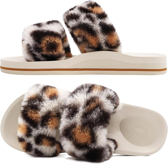 COFACE Fuzzy Slippers for Women Open Toe Orthopedic Slippers Arch Support Fax Fur Slides Plantar Fasciitis Woman House Slippers Indoor