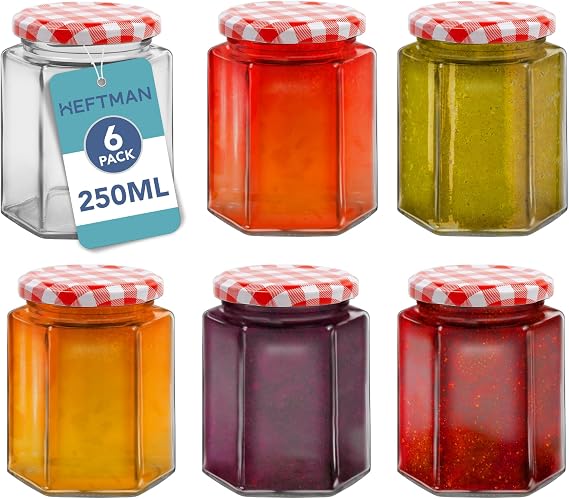 HEFTMAN Small Glass Jars with Lids - 6 Pack Airtight 250ml Jam Jars