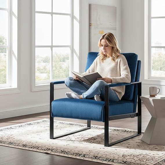 Container Furniture Classic Mid Century Modern Accent Chair with Durable Square Metal Frame, Armchair for Living Room, Bedroom, Home Office in Plush Velvet Upholstery, Blue