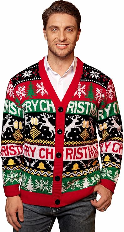 Arvilhill Men's Christmas Cardigan Merry Xmas V Neck Button Knitted Sweater (S-XXL)