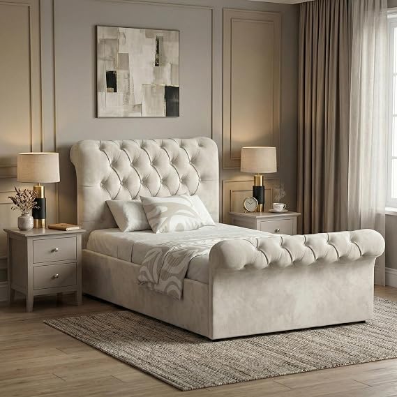 Blisswood Single Ottoman Bed Frame - 3ft Upholstered Velvet Storage Bed with Gas Lift Side Opening, Wooden Slats & UKFR Certified Fabric, Space Saving Beds for Small Bedroom (Beige, No Mattress)