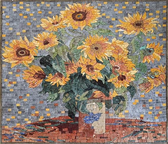 Mozaico - Claude Monet Sunflowers Mosaic Reproduction Marble and Natural Stone Decorative Tiles Artwork MF426 | Mosaic Designs | Mosaic Artwork | Mosaic Wall Art Floor Inlay by Mozaico | 30" X 26"
