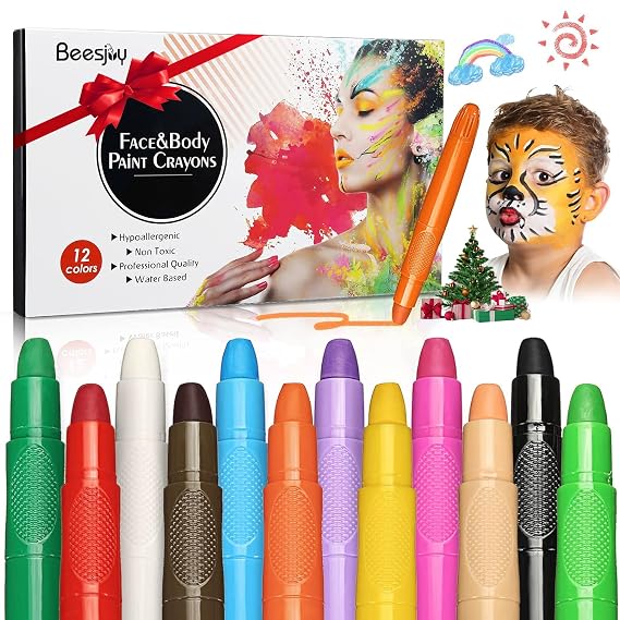 Beesjuy Face Painting Kits for Kids,12 Color Water Based Face Paint Kit, Washable Kids Body Paint for Makeup, for Birthday, Halloween, Thanksgiving Day, Cosplay Makeup, Gifts for Children