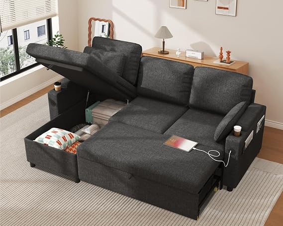 DURASPACE Corner Sofa with Storage, L Shaped Convertible Sofa Bed | Pull out Bed, Couch Sleeper with 2 USB, Cup Holder for Living Room (Blue Linen)