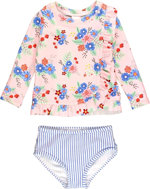 RuffleButts Baby Girls Striped - Rash Guard 2-Piece Swimsuit UPF 50+