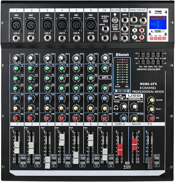 Dj Mixers 8 Channel Audio Mixer Sound Board with Bluetooth, Usb Audio Interface with 48V Phantom Power Sounds Mixer Board with FX Reverb Delay Effect for Streaming