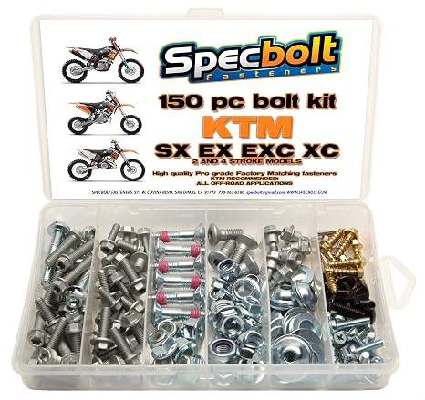 150pc Specbolt KTM SX EX EXC 2 or 4 Strokes Bolt Kit Maintenance MX Dirtbike OEM Spec Fastener 2 STROKES: 50 60 65 85 105 125 250 300 360 380 550 AND 4 STROKES: 250 350 400 450 500 520 525 530 620 640