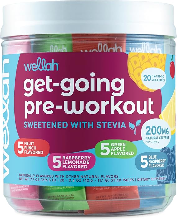 Wellah Get-Going Pre-Workout Packets (Variety Pack), 200mg Natural Caffeine