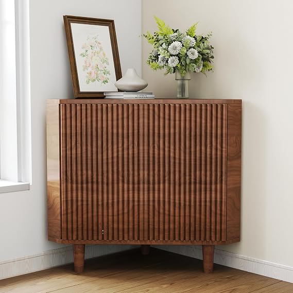 Fluted Corner Cabinet, Small Corner Floor Cabinet with Doors and Adjustable Shelves, Freestanding Storage Cabinet for Small Space,Narrow Storage Organizerfor Living Room, Walnut