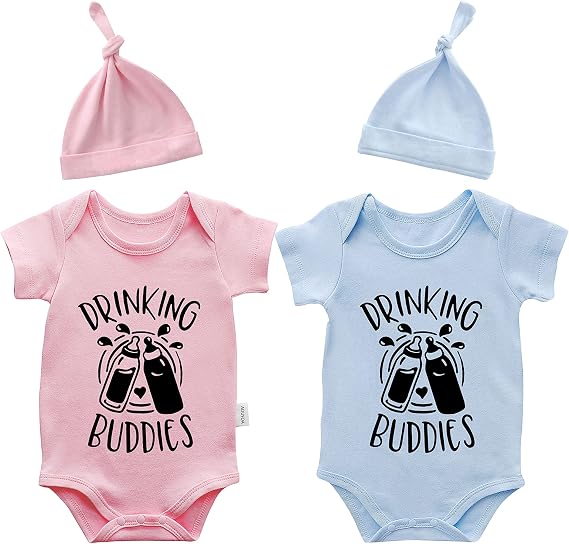 Baby Twins Bodysuits Drinking Buddies Baby Girl Romper Baby Boy Twin Outfit Hat Set