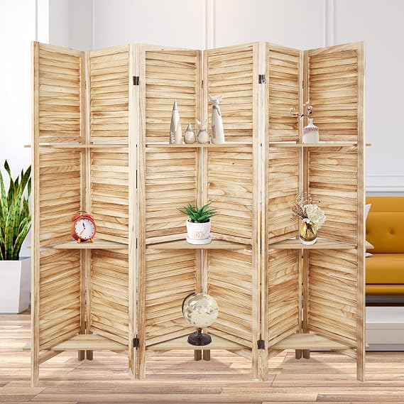 6 Panel Room Divider with Shelves 5.6ft.Tall Folding Privacy Screen Panels, Room Divider Wall, Divider for Room Separation, Room Divider Shelves,Place Small Items, Effectively Block Sight(Natural)