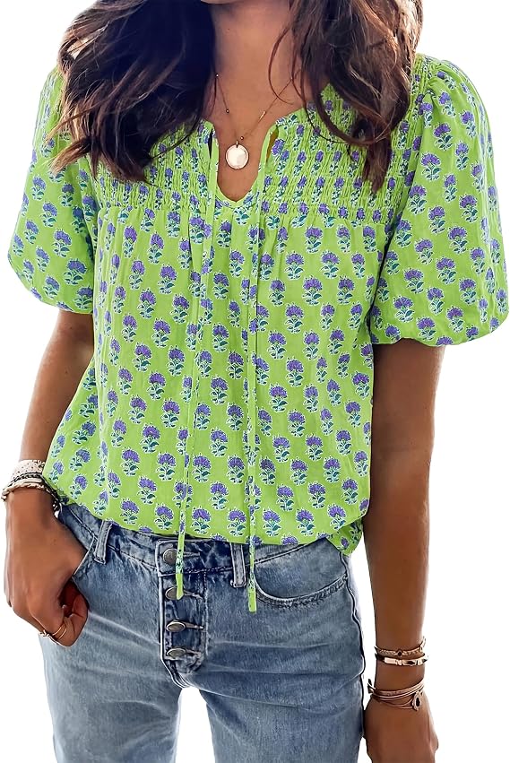 KIRUNDO Boho Tops for Women Summer 2026 Floral Puff Short Sleeve Blouse