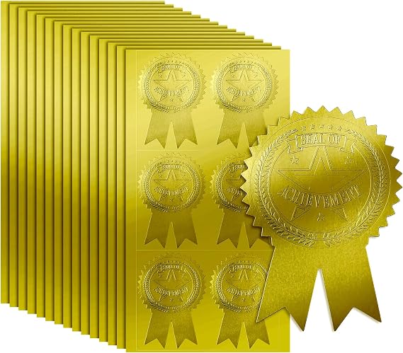 Zonon 200 Pcs Ribbon Embossed Seal GoldFoil Certificate Achievement Sticker | Achievement Award Atickers, Gold Envelope Seal Stickers, Embossed Medal Ribbon Design, Self-adhesive for Envelopes