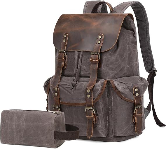 Vintage Backpack for Men, Leather Canvas Backpack, Waxed Canvas Rucksack
