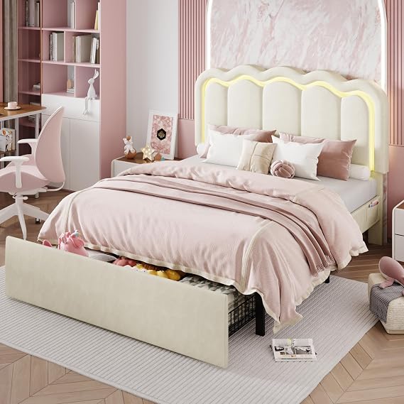 SHA CERLIN Full Size Bed Frame with LED Lights and Storage Drawer, Cream