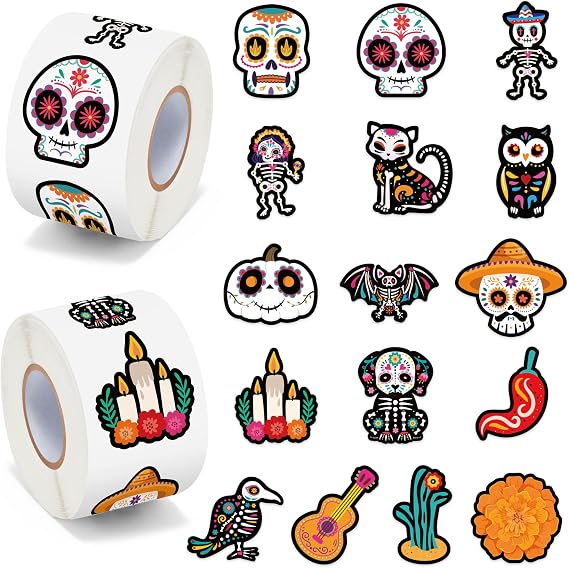 BeYumi Sugar Skull Roll Stickers - 1000Pcs Day of The Dead Stickers in 2 Rolls Dia de Los Muertos Sugar Skull Waterproof Vinyl Decals Halloween Mexican Festival Party Supplies Classroom Decor for Kid
