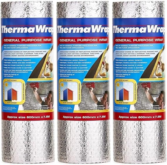 General Purpose Insulation Wrap ThermaWrap 600mm x 7.5m (Pack of 3) | Multi-Purpose Reflective Foil Insulation | Ideal for Attics, Lofts, Sheds & Garages | Energy Saving Barrier