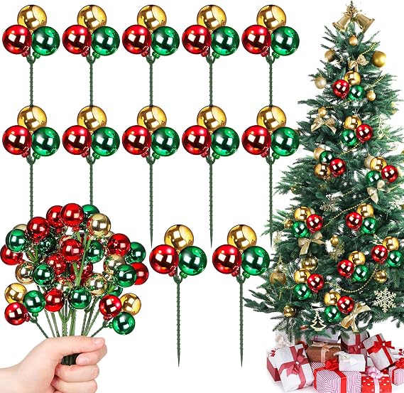 Syhood 12 Sets 7.9 Inch Christmas Ball Picks and Sprays, Red Green Gold