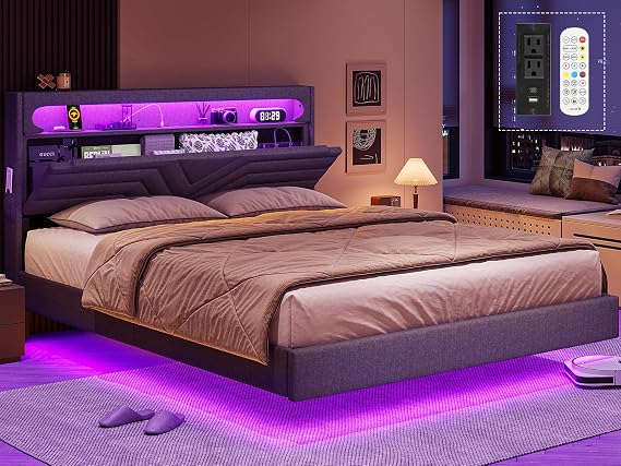 BTHFST Floating Bed Frame Full Size with RGB Lights Headboard, Dark Gray
