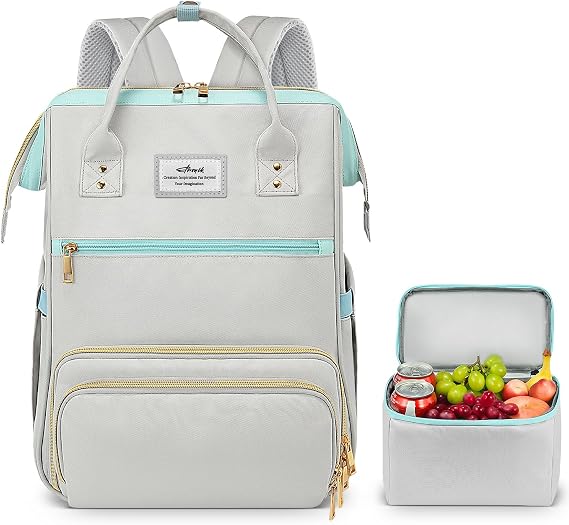 Lunch Backpack, 15.6 Inch Laptop Backpack, Stylish Nurse Teacher Work Bag | Lunch Box for Women Men with Insulated Cooler, College Backpack for Travel, Grey Blue
