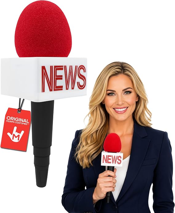 Morph Adult News Anchor Microphone Prop - Fake News Microphone with Flag, Plastic Wireless Prop for Reporter, Anchorman, Journalist Costume, Career Day, Halloween - Black, One Size