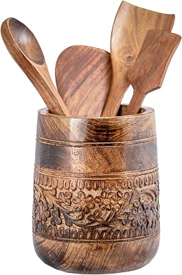 Mie Creations Rustic 7 Large Utensil Crock Holder for Kitchen Countertop | Wooden Cooking Spatula Organizer for Party, Floral Hand carving Utensils Caddy, Vintage Kitchen Counter Decor- Dark Brown