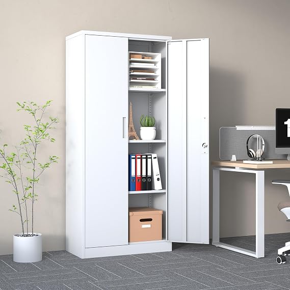 Majnesvon Metal Garage Storage Cabinet - 72" Locking Metal Storage Cabinet with 2 Doors and Adjustable Shelves & Locking Doors - Garage Cabinets for Tool Storage (White(New))
