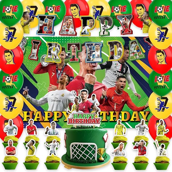 42Packs Soccer Ronaldo Birthday Party Supplies Pack Includes,Banner,Cake Topper,Blackdrop,Balloons for Soccer Ronaldo Party Supplies