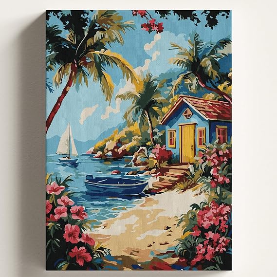 Sayılarla Boyama Tuval Hobi Seti DENİZ KENARI KULÜBE Temalı Fırça ve Boya Dahil Set (Çıtalı) 50X70 CM Kendin Yap Sayılarla Tuval Boya Kiti (KASNAKLI)