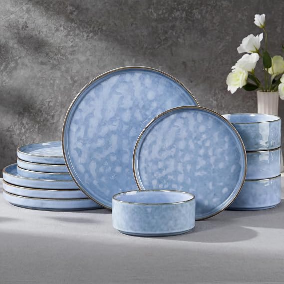 E-far Stoneware Dinnerware Set, 12-Piece Plates and Bowls Sets for 4