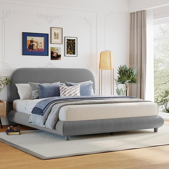 Christopher Knight Home Veatch Boucle Bed Frame, Queen Size Bed, Upholstered Teddy Fleece Headboard, Soft Bed Queen, Curve-Shaped Design Headboard, Wood Slat Platform Bed, Easy Assembly, Gray