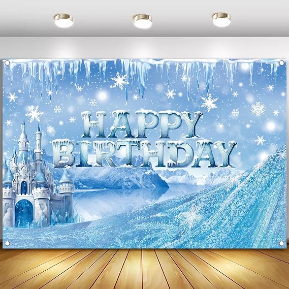 Ice Snow Castle Theme Happy Birthday Photography Backdrop - 5x3ft Winter Princess Background Photo Booth Banner Props for Kids Girls Boys Birthday Baby Shower Holiday Party Decorations Supplies