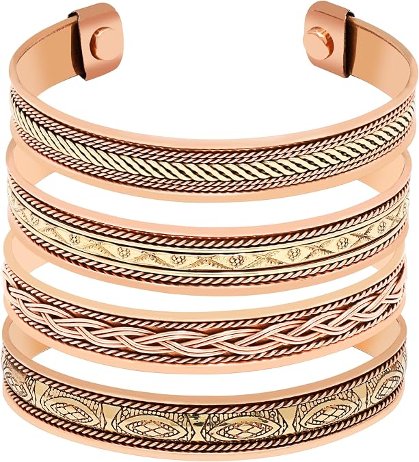 Art Of Creation Pure Copper Set Of 3 Bracelet Cuff Adjustable Kada Bangle for Men and Women Handmade Solid Plain Wrist Band For Unisex