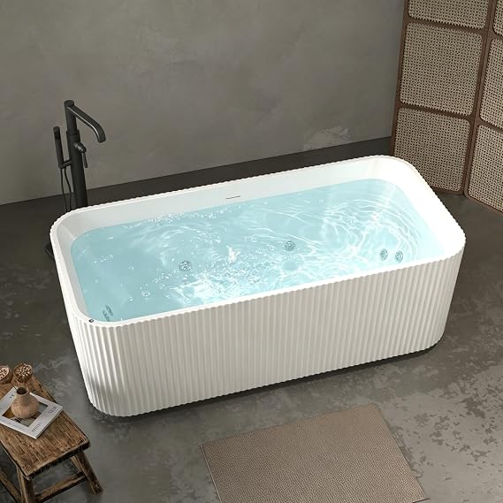 GDFStudio 67" Whirlpool Bathtub, Rectangle Acrylic Whirlpool Freestanding Bathtub, Home Spa Tub with Jets, Massage Soaker with Jets, Pop-Up Chrome Drain, cUPC Certified, Glossy White