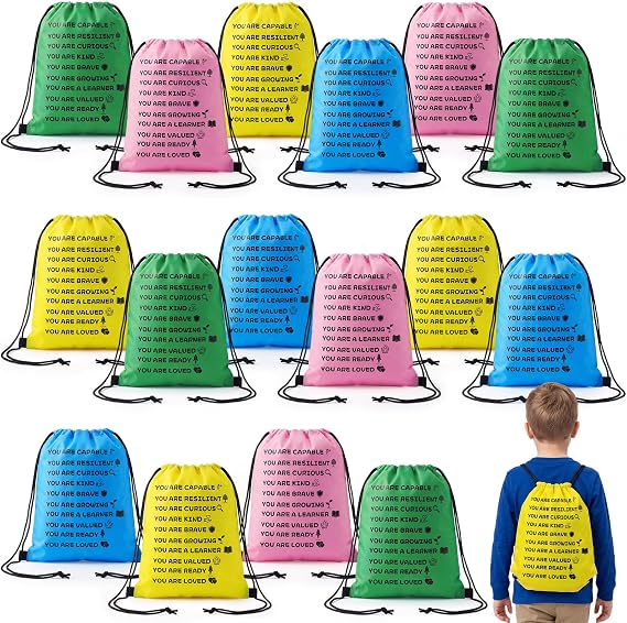 Sweetude 24 Pcs End of Year Gifts for Students Bulk Drawstring Backpack for Kids, Motivational Gifts for Students from Teacher, Graduation Goodie Bags for Classroom, Summer Party (Motivational)