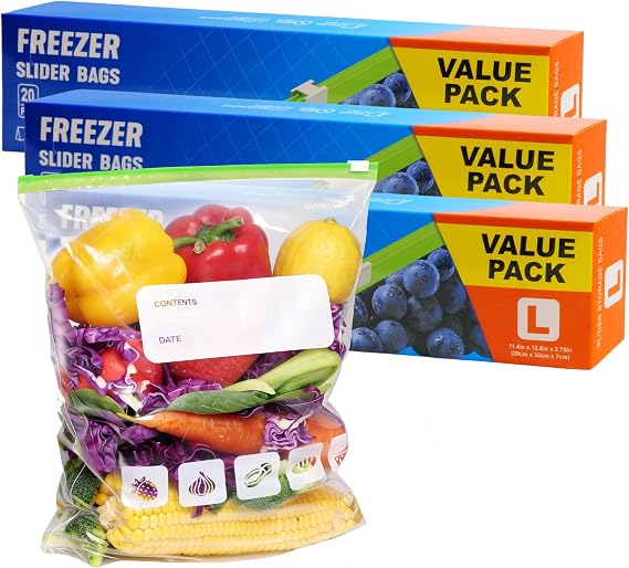 Freezer Bags Ziplock 60pcs, 4.55L Large Food Storage Bags BPA Free Sandwich Bag Reusable Zip Seal Plastic Bag with Expandable Bottom for Food, Meat, Grains, Fruits, Vegetables