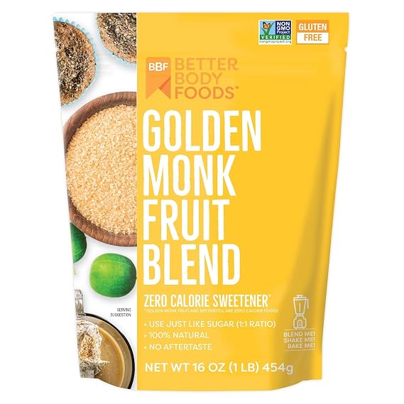 BetterBody Foods Golden Monk Fruit Sweetener Blend - Sugar Substitute, Zero Calorie, Keto Diet Friendly, Zero Net Carbs, Zero Glycemic, Baking, Extract, Sugar Replacement 1 lb, 16 Oz