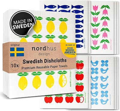Nordhus Design Swedish Dishcloths, 10 Reusable Paper Towels, Made in Sweden - Reusable, Washable Cellulose Cotton Kitchen Cloths - Biodegradable, Absorbent & Quick Drying