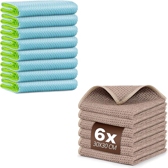 Ekedalen Streak Free Miracle Cleaning Cloth Pack of 8 and Waffle Weave Microfiber Cleaning Cloth for Dusting Khaki Pack of 6