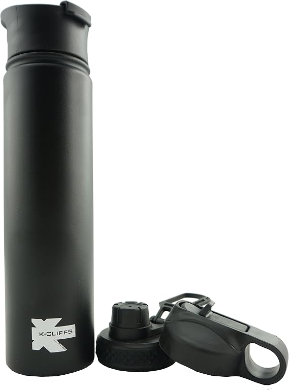 K-Cliffs Double Wall Vacuum Insulated Stainless Sport Water Bottle Thermo Travel Flask Coffee Mug with 3 Lids Straw Coffee Sport Cap BPA Free Black 24oz (800 ML / 0.8L)