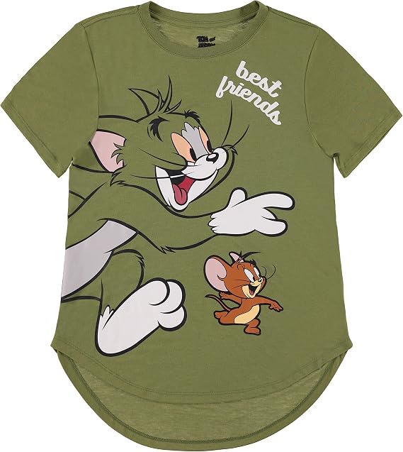 Tom & Jerry Ladies Battle Shirt - Vintage Hanna Barbera Cartoon - Cat and Mouse Curved Hem T-Shirt