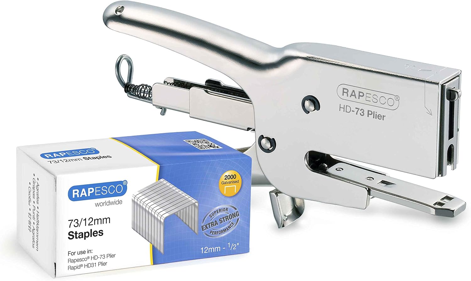 Rapesco 1306 Heavy-Duty HD-73 Plier Stapler and 2000 Type 7312mm Staples, 70 Sheet Capacity, Chrome