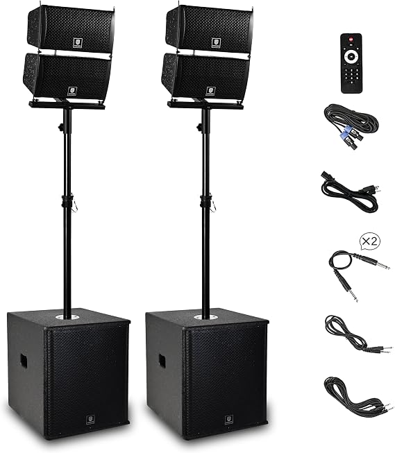 RECK 6000W P.M.P.O Stereo 15-inch Powered PA Speaker System DJ Combo Set, 4 Line Array Speakers and Two 15 inch Subwoofers with Bluetooth/USB/SD Card/Remote Control for Party DJ Wedding Meeting