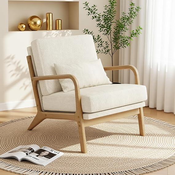 Claiks Mid-Century Modern Accent Chair, Living Room Armchair with Solid Wood Frame & Lumbar Pillow, Comfy Upholstered Lounge Chair for Bedroom, Office, Corduroy, Beige