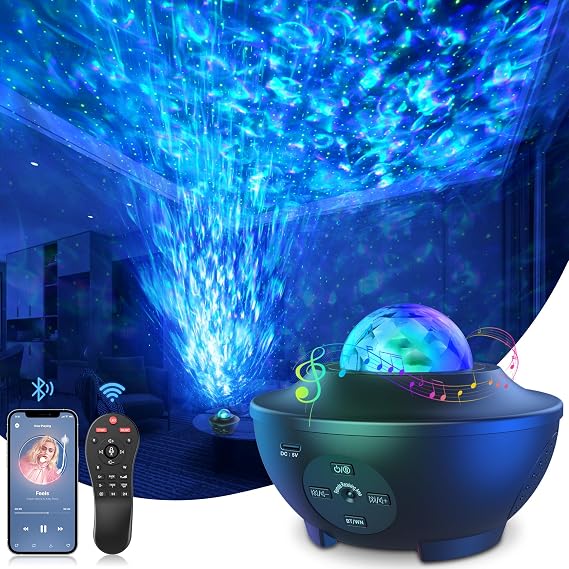 Galaksi LED projektör, zamanlayıcı/uzaktan kumandalı, çocuklar için Bluetooth hoparlörlü