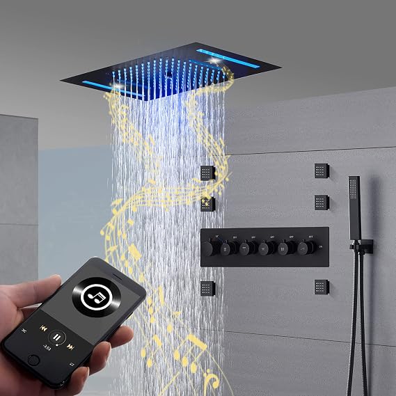 Cascada Luxury 15x23 Music LED shower system with built-in Bluetooth Speakers, 5 function (Rainfall, Waterfall, Misty, Body Jet & Handshower) (Antique Brass)